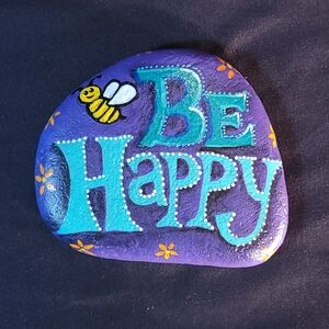 Bee Happy Purple & Teal Painted Rock